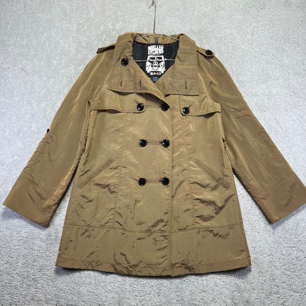 Millard Fillmore MF-13 Trench Coat M Brown Nylon Double Breasted Roll‎ Up Sleeve